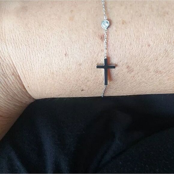 Silver Sideways Cross Bracelet Cubic Zircon Charm - Picture 5 of 5